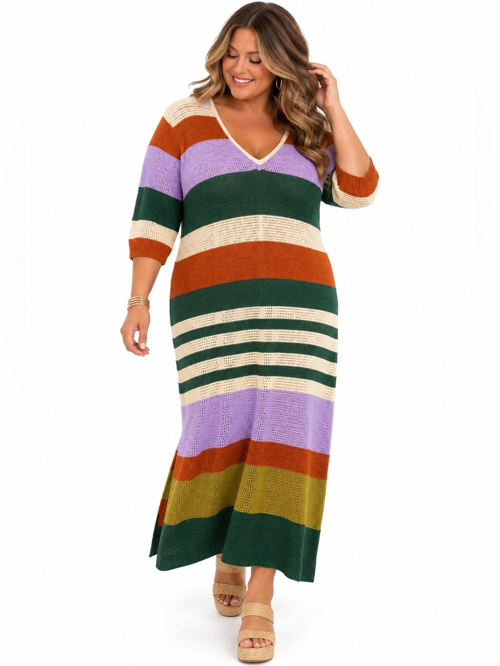 Eloquii Elements Striped‎ Crochet Sweater Maxi Dress 14/16 Boho Colorblock